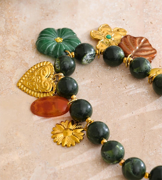 Green stone beads chain leaf flower pendant necklace - product image