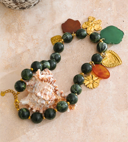 Green stone beads chain leaf flower pendant necklace - product image