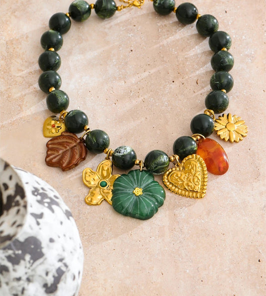 Green stone beads chain leaf flower pendant necklace - product image
