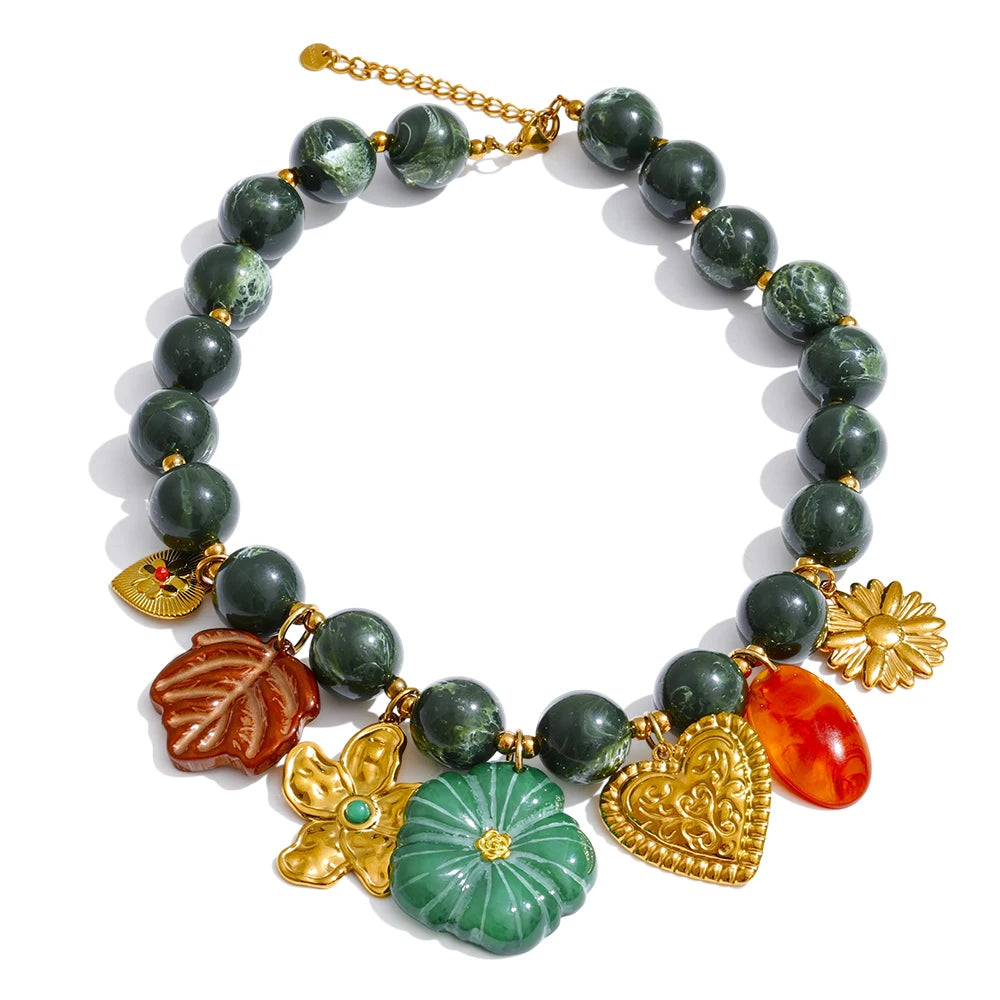 Green stone beads chain leaf flower pendant necklace - product image