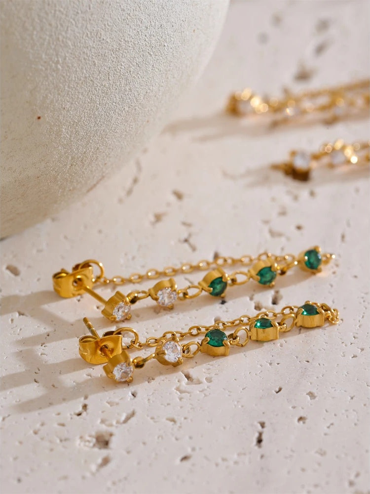 Green white cubic zirconia chain drop earrings - product image
