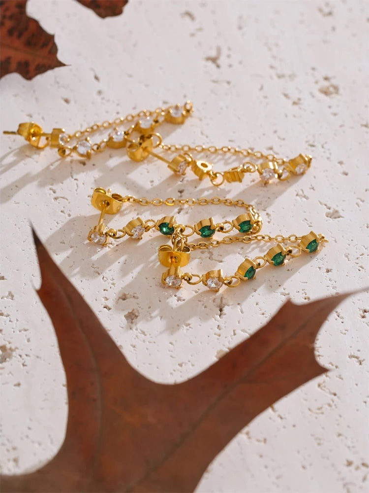 Green white cubic zirconia chain drop earrings - product image