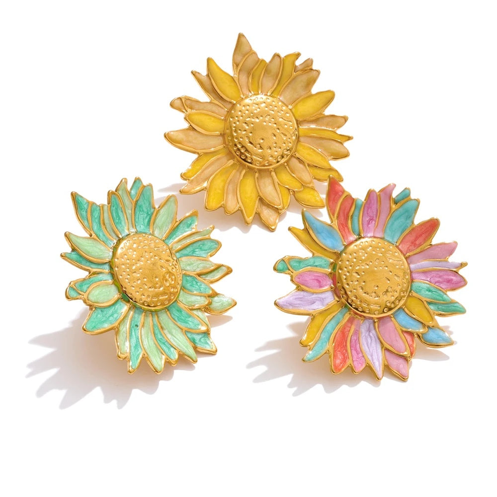 Green yellow colorful enamel flower open adjustable ring - product image