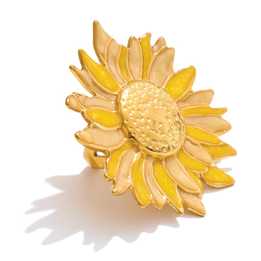 Green yellow colorful enamel flower open adjustable ring - product image