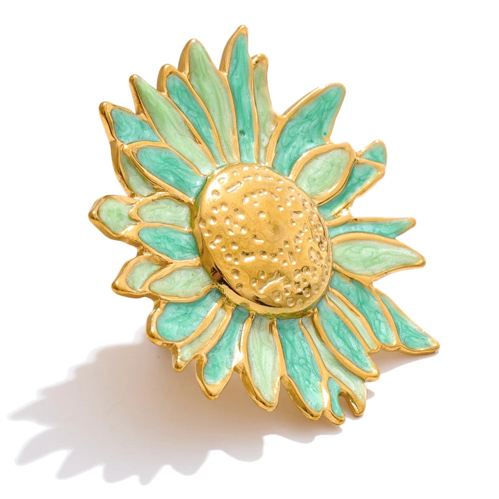 Green yellow colorful enamel flower open adjustable ring - product image