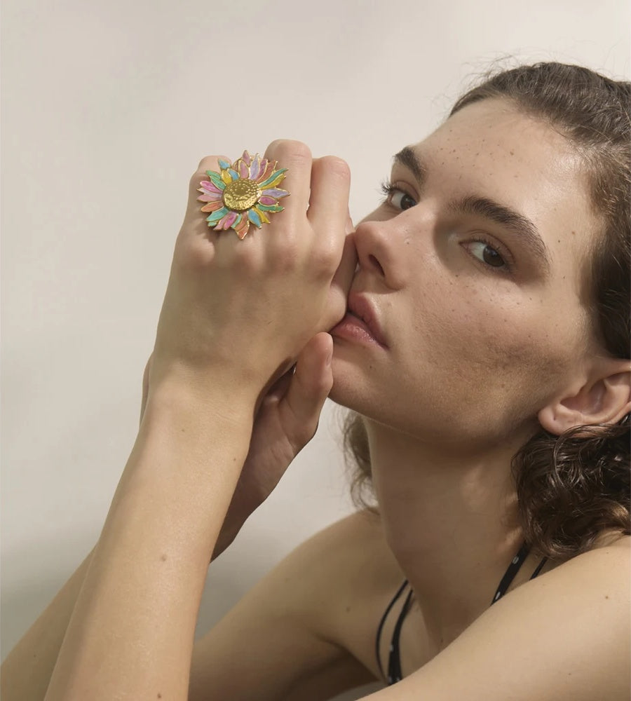 Green yellow colorful enamel flower open adjustable ring - product image