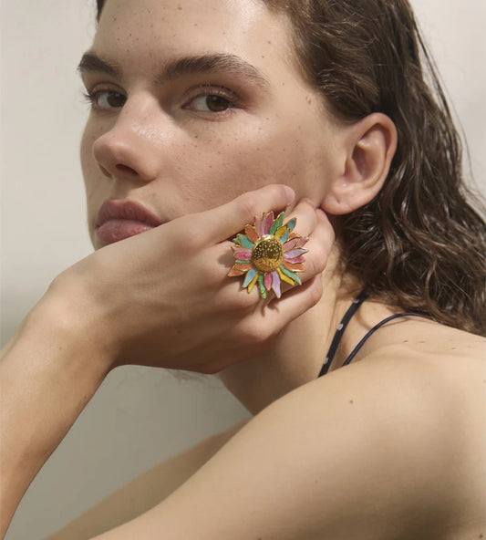Green yellow colorful enamel flower open adjustable ring - product image