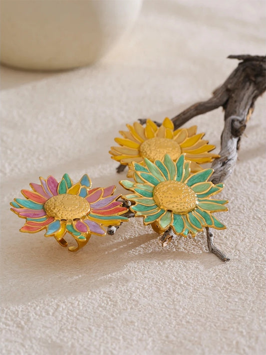 Green yellow colorful enamel flower open adjustable ring - product image