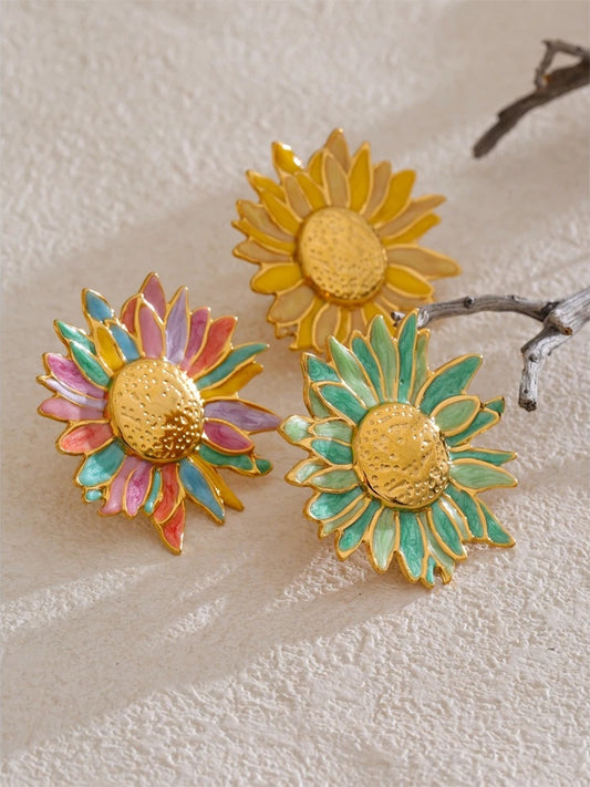 Green yellow colorful enamel flower open adjustable ring - product image