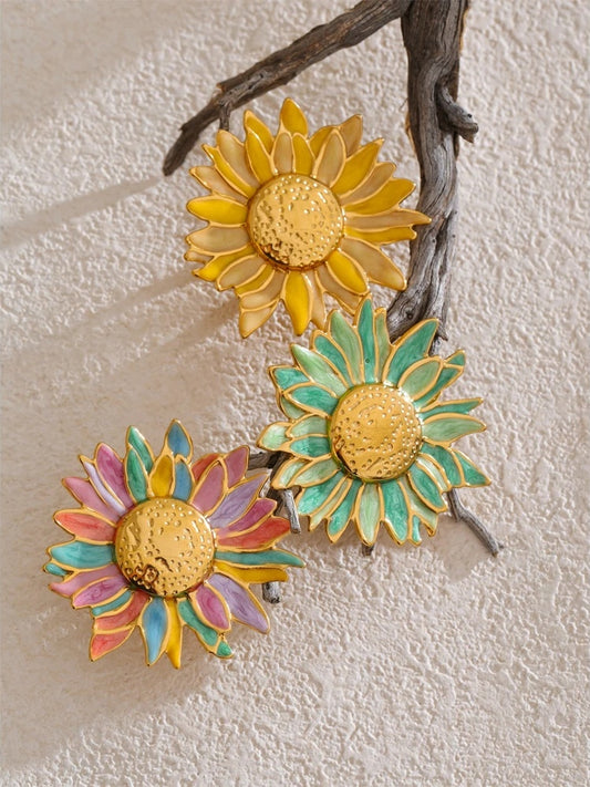 Green yellow colorful enamel flower open adjustable ring - product image
