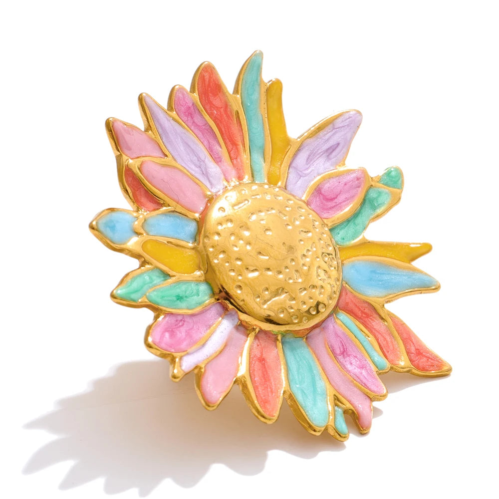 Green yellow colorful enamel flower open adjustable ring - product image
