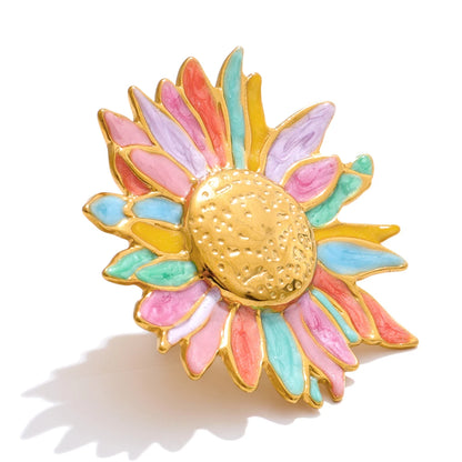 Green yellow colorful enamel flower open adjustable ring - product image