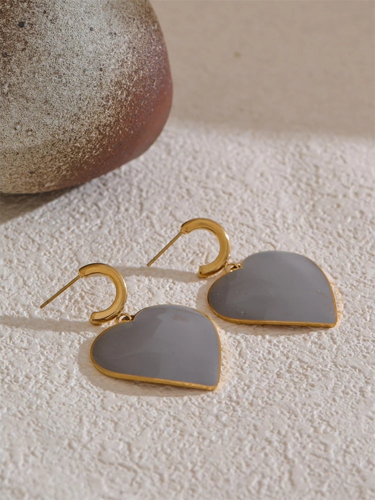 Grey enamel heart drop dangle earrings - product image