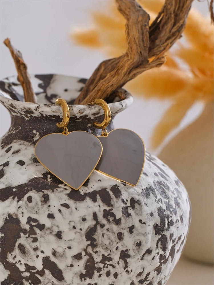 Grey enamel heart drop dangle earrings - product image
