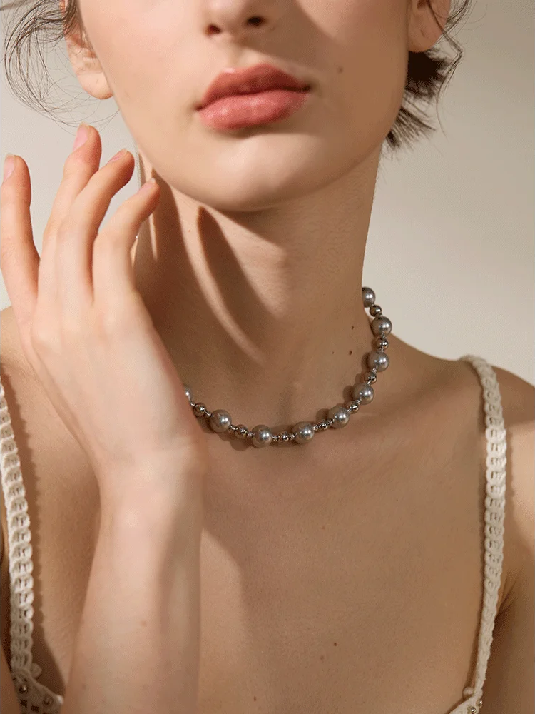 Grey imitation pearl beads minimalist pendant necklace - product image