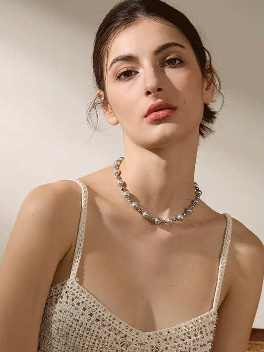 Grey imitation pearl beads minimalist pendant necklace - product image