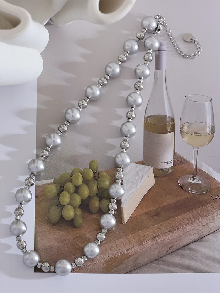 Grey imitation pearl beads minimalist pendant necklace - product image