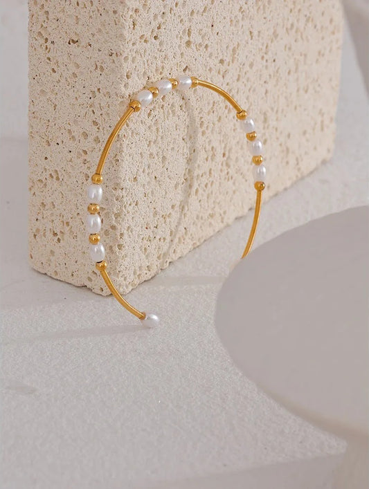 Handmade open oval pearl gold color women bracelet - product image