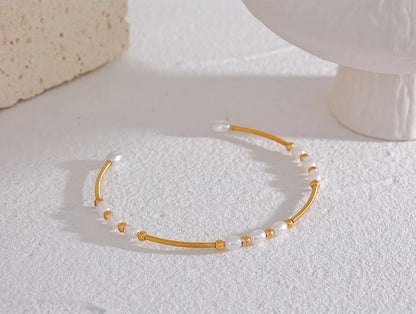 Handmade open oval pearl gold color women bracelet - product image