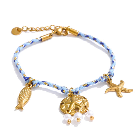 Handmade rope braided starfish shell drop bracelet - product image