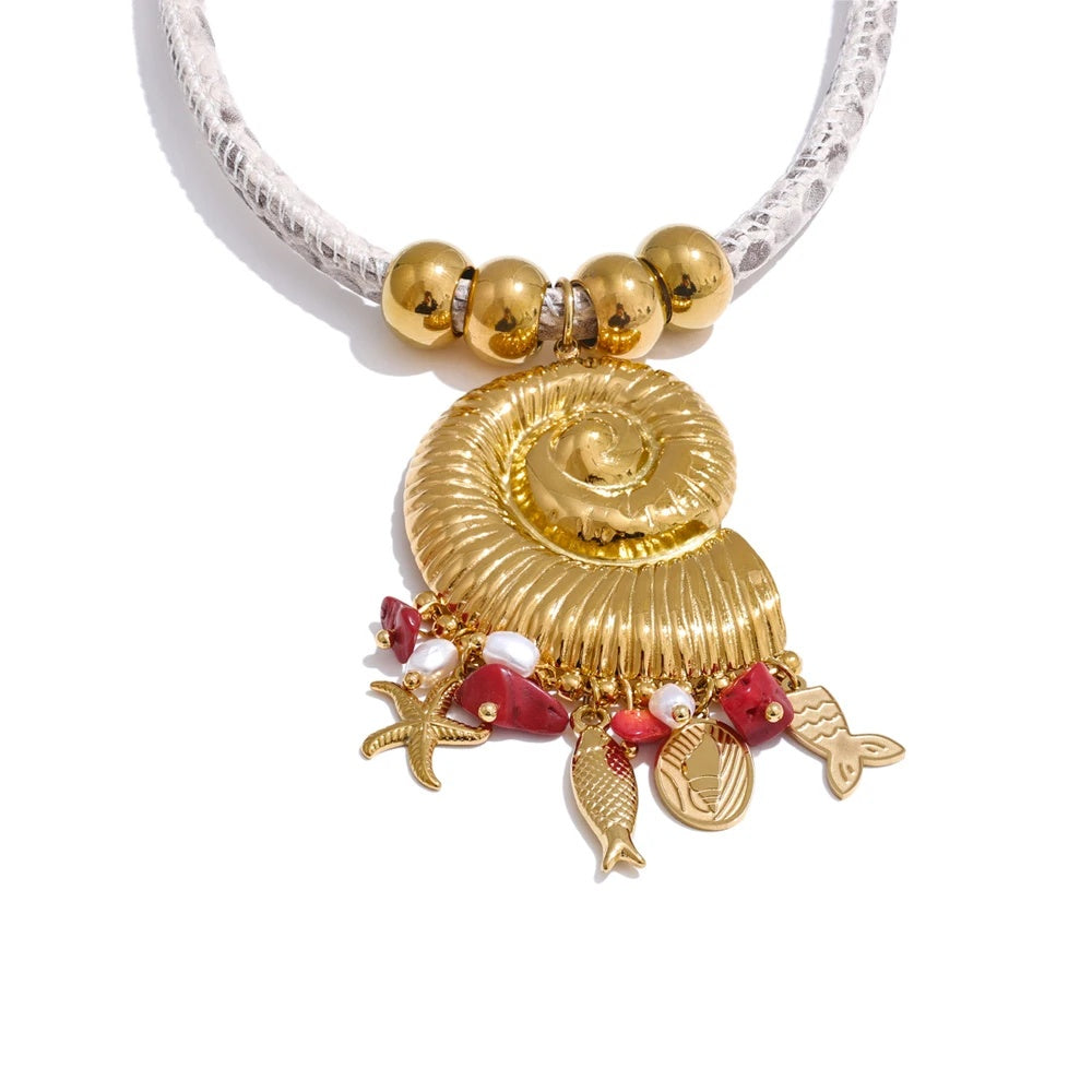 Handmade shell starfish fish pearl pendant necklace - product image