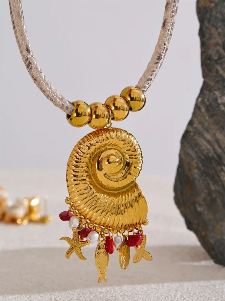 Handmade shell starfish fish pearl pendant necklace - product image