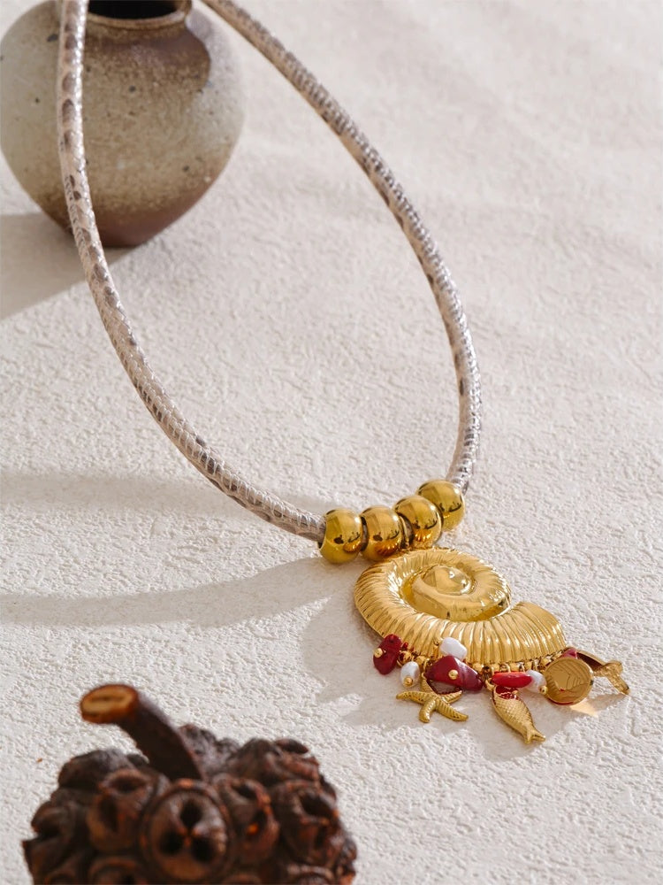 Handmade shell starfish fish pearl pendant necklace - product image