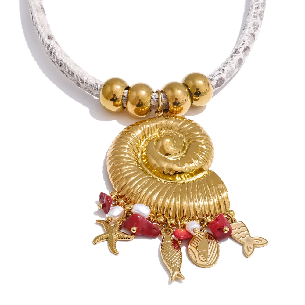 Handmade shell starfish fish pearl pendant necklace - product image