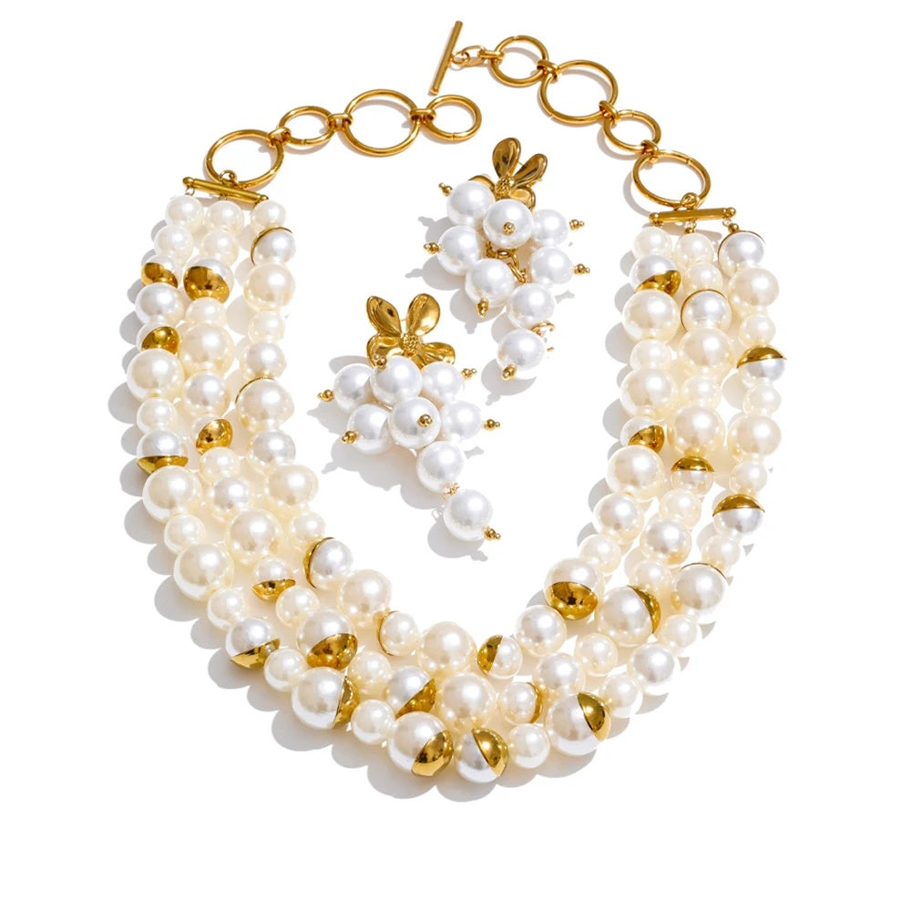 Handmade simulated pearls round beads necklace earrings set - product image