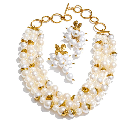 Handmade simulated pearls round beads necklace earrings set - product image