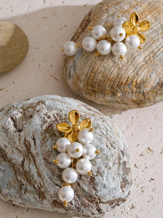 Handmade simulated pearls round beads necklace earrings set - product image