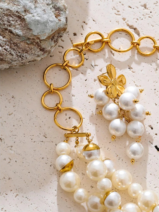 Handmade simulated pearls round beads necklace earrings set - product image