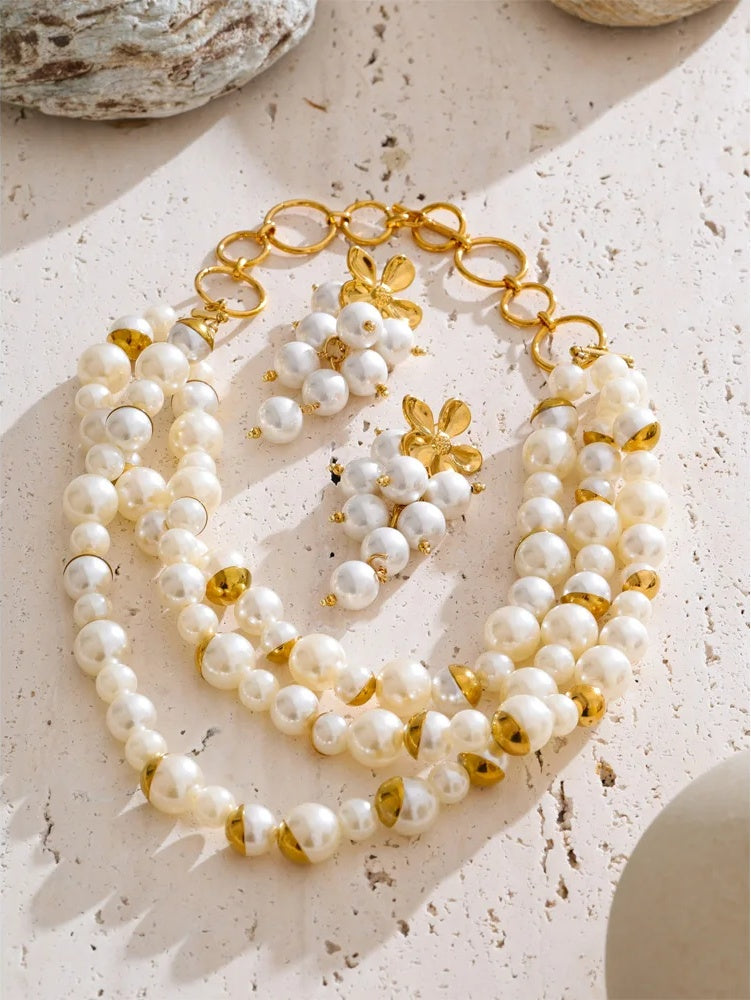 Handmade simulated pearls round beads necklace earrings set - product image
