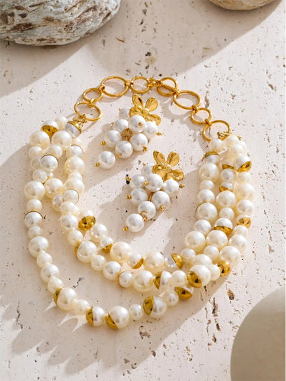 Handmade simulated pearls round beads necklace earrings set - product image