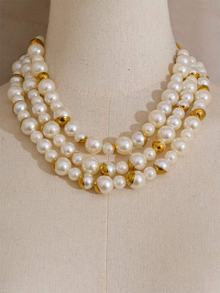 Handmade simulated pearls round beads necklace earrings set - product image