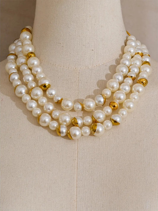 Handmade simulated pearls round beads necklace earrings set - product image