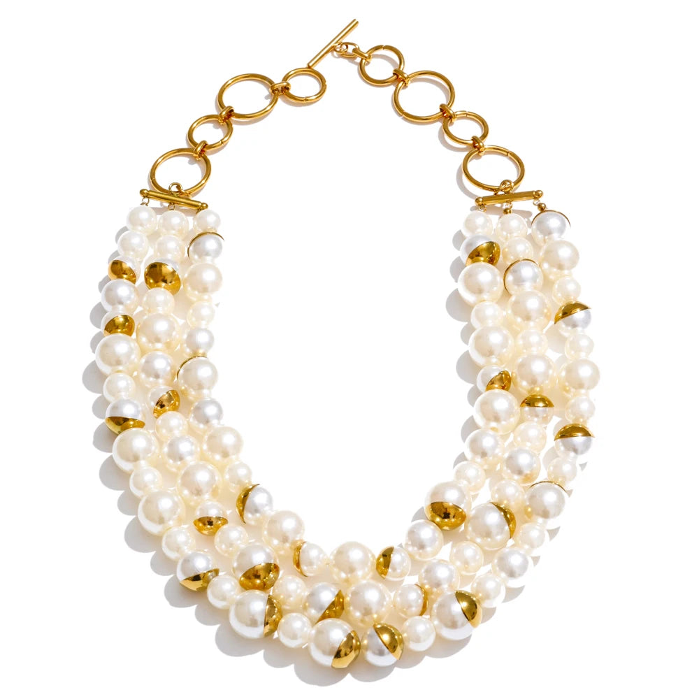 Handmade simulated pearls round beads necklace earrings set - product image