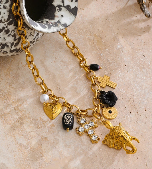 Heart flower cross elephant drop charm pendant necklace - product image