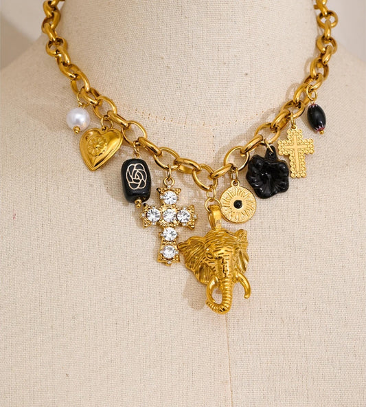 Heart flower cross elephant drop charm pendant necklace - product image