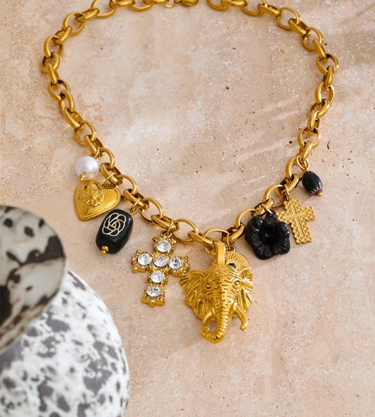 Heart flower cross elephant drop charm pendant necklace - product image