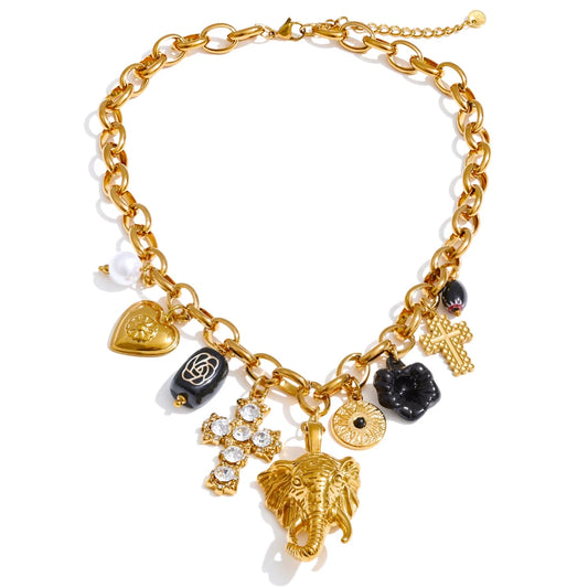 Heart flower cross elephant drop charm pendant necklace - product image