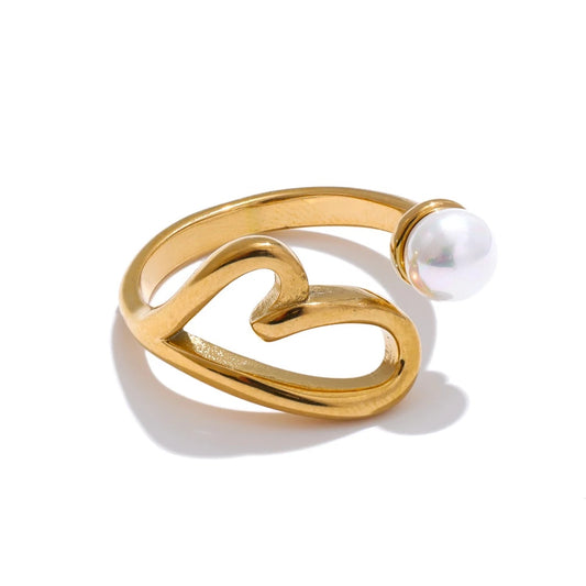 Heart hollow pearl adjustable ring - product image