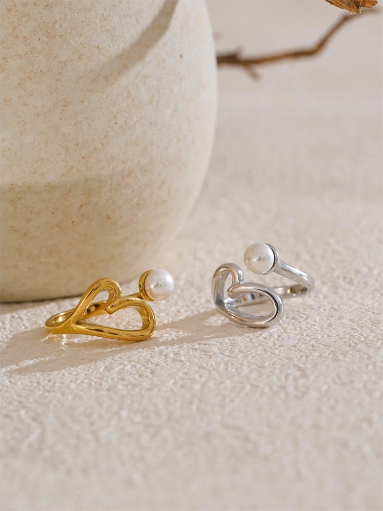 Heart hollow pearl adjustable ring - product image