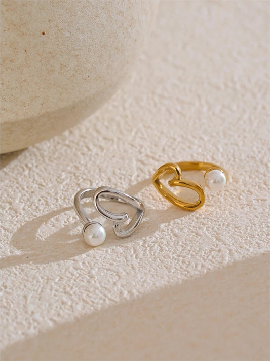 Heart hollow pearl adjustable ring - product image