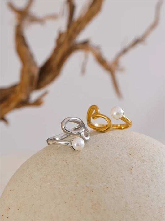 Heart hollow pearl adjustable ring - product image