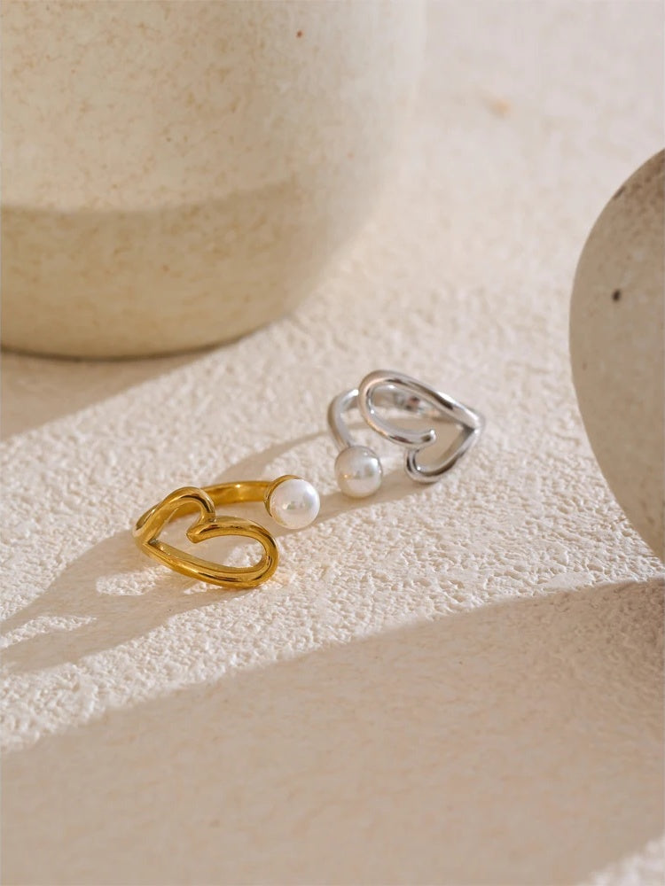 Heart hollow pearl adjustable ring - product image