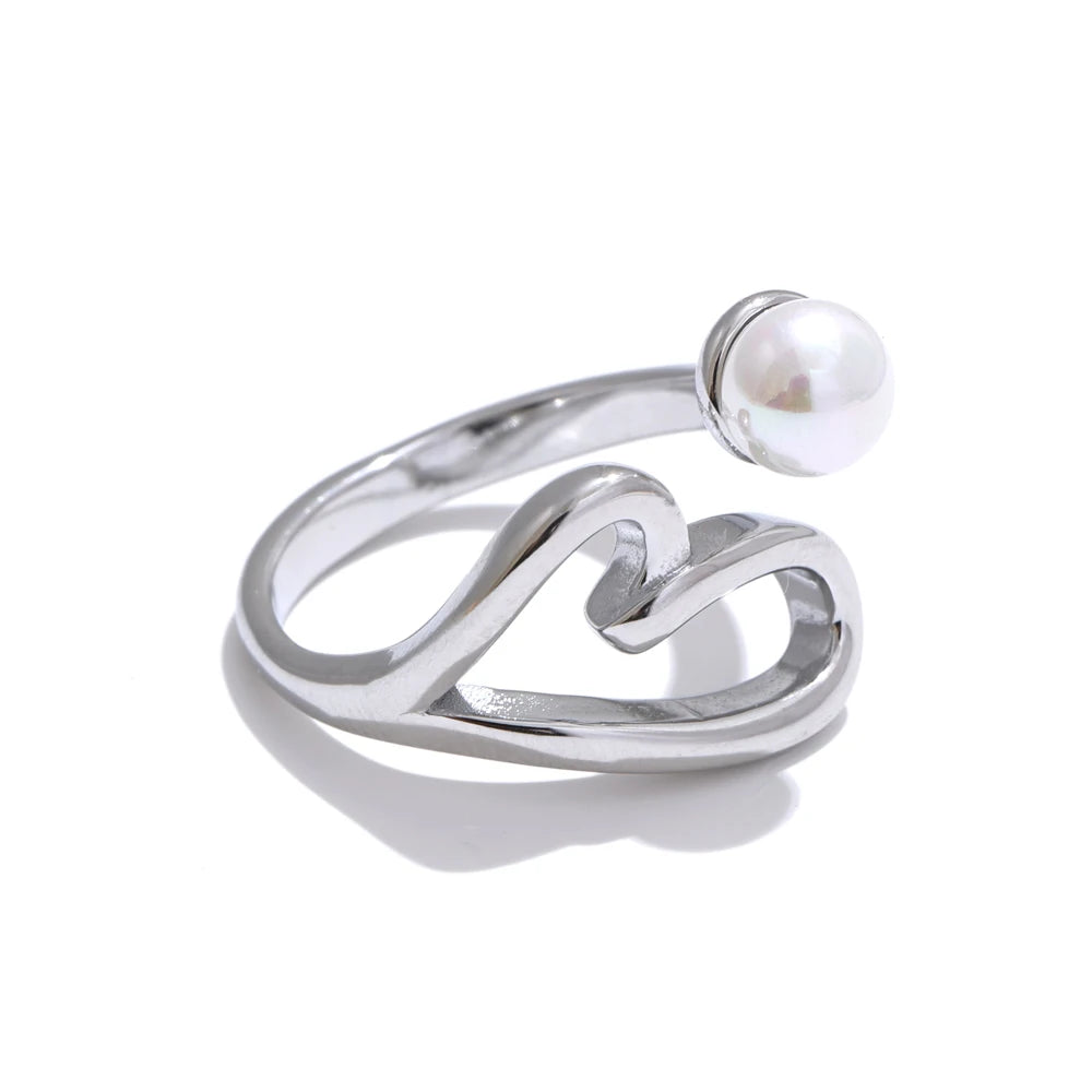 Heart hollow pearl adjustable ring - product image