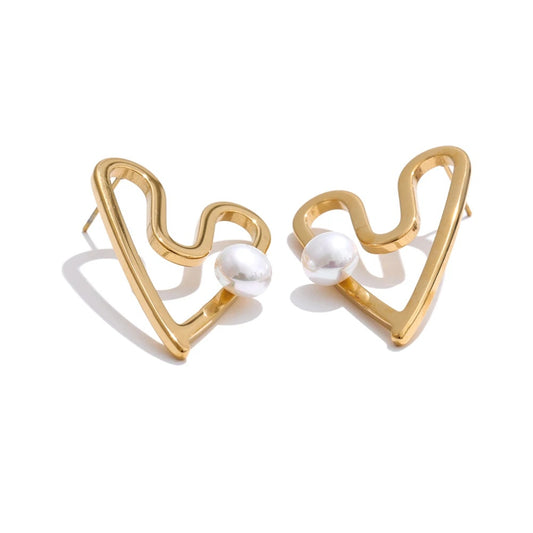 Heart hollow stud simulated pearl earrings - product image