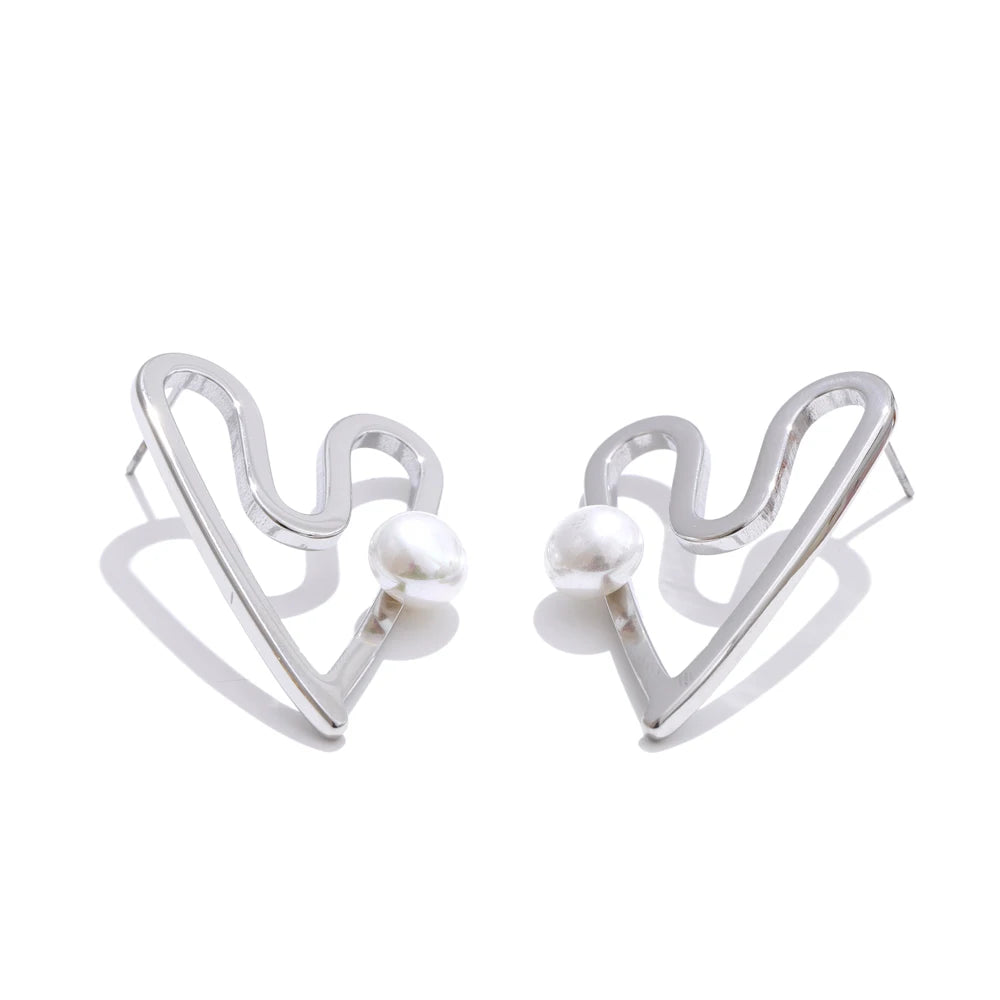 Heart hollow stud simulated pearl earrings - product image
