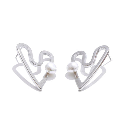 Heart hollow stud simulated pearl earrings - product image
